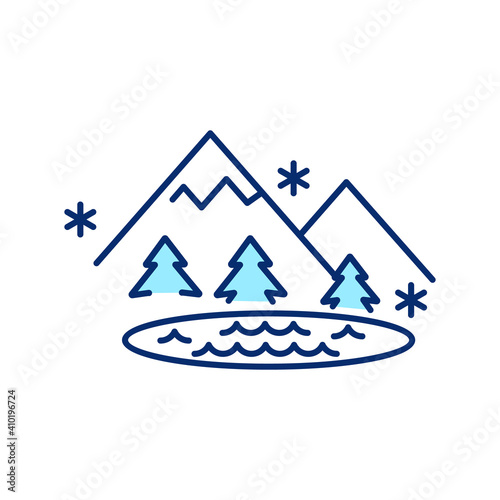 Frozen mountain lake RGB color icon. Snowy highlands. Icy hills. Arctic landscape. Winter vacation destination. Wintertime outdoor recreation. Skiing resort. Isolated vector illustration
