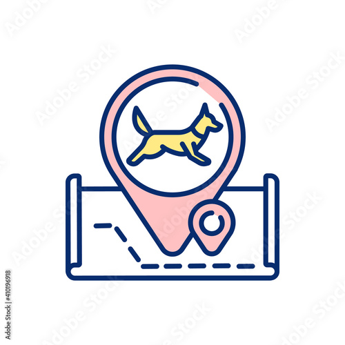 Dog sledding RGB color icon. Wintertime entertainment. Recreational activity marked on GPS map. Location of pet adoption center. Shelter for domestic animals. Isolated vector illustration