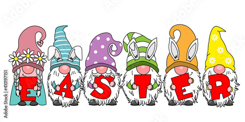 Happy easter card. Gnomes with the word easter. Isolated vector