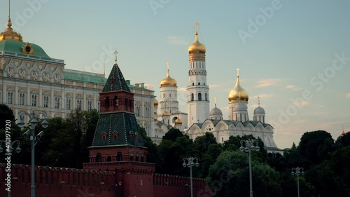 Exterior view of Orthodox Churches on the Cathedral Square of the Moscow Kremlin. 4K