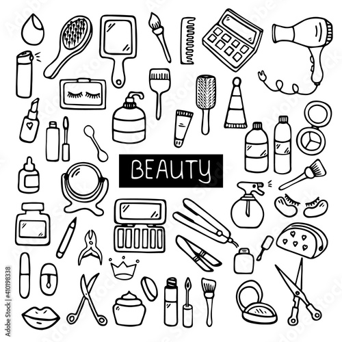 Set of  beauty, makeup, cosmetic doodles. . Hand drawn vector illustration isolated on white background.