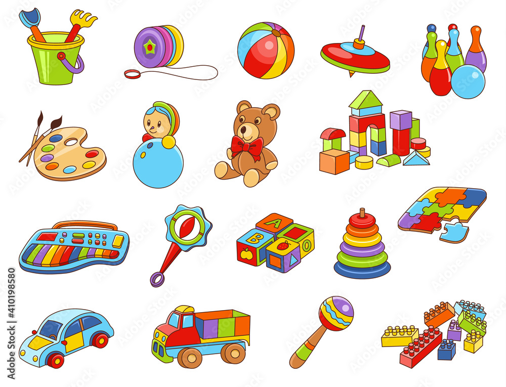 Fototapeta premium Toy icon collection - color illustration. Kids toys