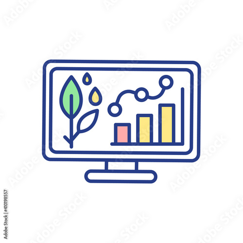 Agricultural statistics RGB color icon. Smart farming technology. Data on computer. Irrigation monitoring. Analytics report for plant cultivation. Digital transformation. Isolated vector illustration