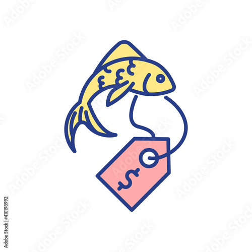 Ornamental fish farming RGB color icon. Purchase koi carp. Fishery, aquafarm production. Seafood selling price. Gold fish sale. Aqua farm. Aquaculture production. Isolated vector illustration