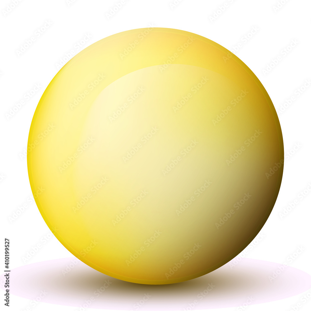 Glass yellow ball or precious pearl. Glossy realistic ball, 3D abstract vector illustration highlighted on a white background. Big metal bubble with shadow