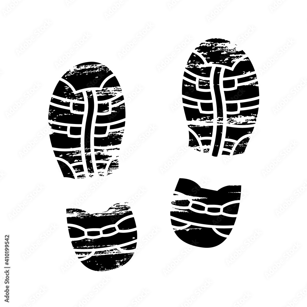 Footprints and shoeprints icons in black and white showing bare feet and the imprint of the soles with the differing patterns of male and female footwear with shoes boots Footprints and shoeprints icons in black and white showing bare feet and the imprint of the soles with the differing patterns of male and female footwear with shoes boots
