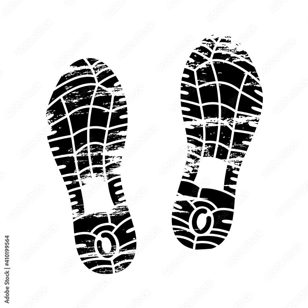 Footprints and shoeprints icon in black and white showing bare feet and the imprint of the soles with patterns of male and female footwear. Shoes boots imprint Footprints and shoeprints icon in black and white showing bare feet and the imprint of the soles with patterns of male and female footwear. Shoes boots imprint