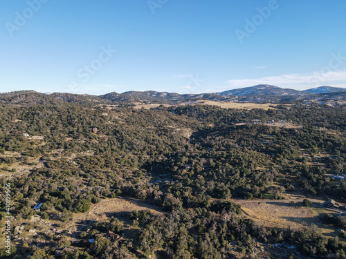 Aerial view of valley with farmland an forest in Julian, San Diego County, California, in the United States