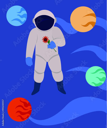 A cosmonaut with planets in space.