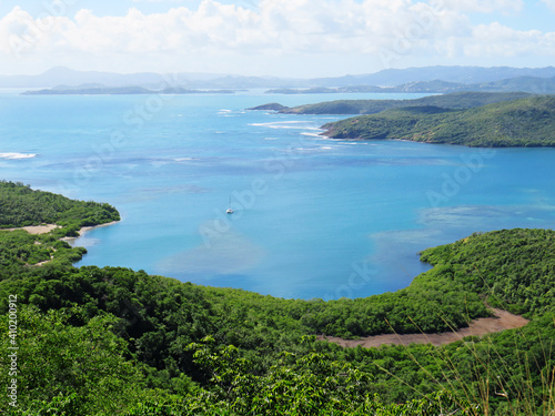 Panoramic view of tropical landscape with lush vegetation, Caribbean sea and summer sky with cumulus clouds in the French West Indies.