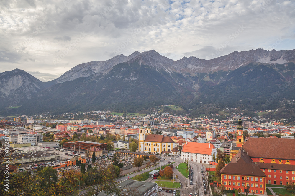 High cityscape and mountain view of Innsbruck, Austria in autumn.