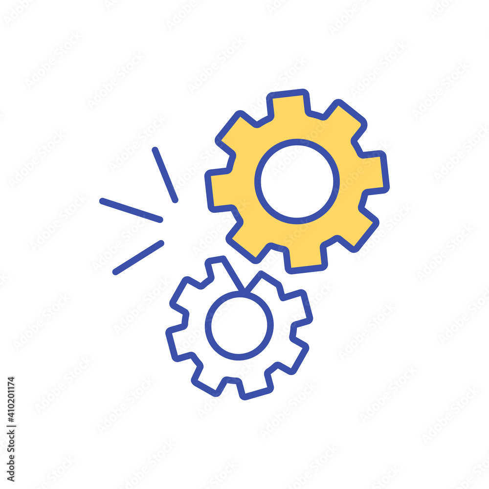 Industrial machinery break RGB color icon. Operating cog wheels. Lack of integration. Technical solution. Power transmission problem. Maintenance and repair. Isolated vector illustration