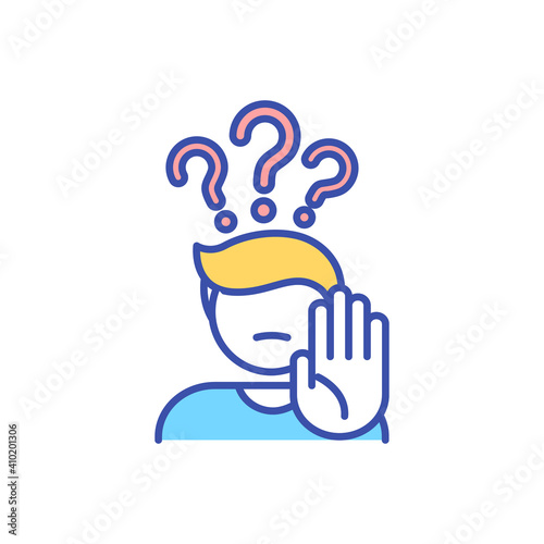 Service awareness RGB color icon. Person gesturing to stop. Prevention from progressing. Worry in search of solution. Confused man. Stress and anxiety. Isolated vector illustration