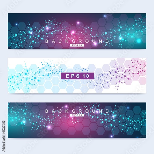 Scientific set of modern vector banners. DNA molecule structure with connected lines and dots. Scientific and technology concept. Wave flow graphic background for your design. Vector illustration.