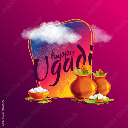 Ugadi vector festive illustration. Hindu New Year celebration for Marathas and Konkani Gudi Padwa. design graphics for posters, posters, flyers, offers, booklets, cards. another name Ugadi or Yugadi
