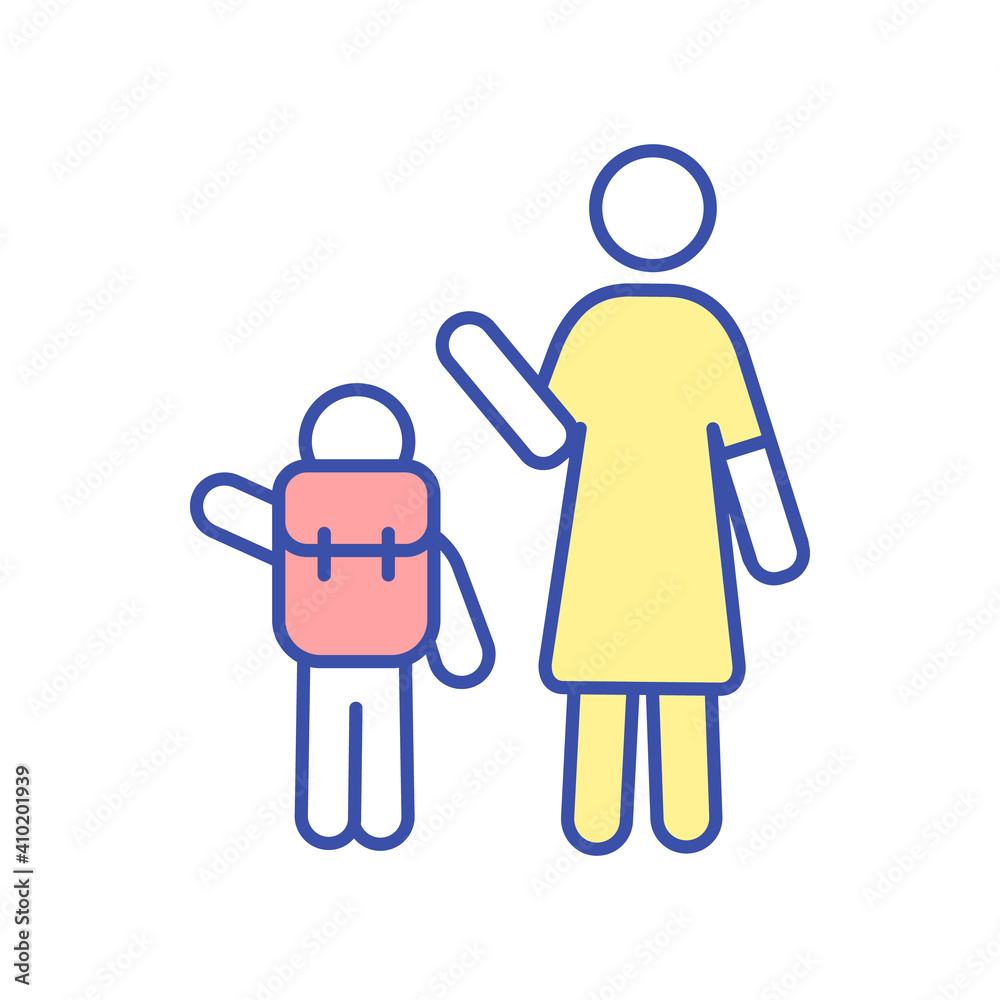 Parent seeing off child to school RGB color icon. Mother send kid with backpack to preschool. Woman waving goodbye tos son. Schoolboy go to classes. Happy family. Isolated vector illustration Parent seeing off child to school RGB color icon. Mother send kid with backpack to preschool. Woman waving goodbye tos son. Schoolboy go to classes. Happy family. Isolated vector illustration