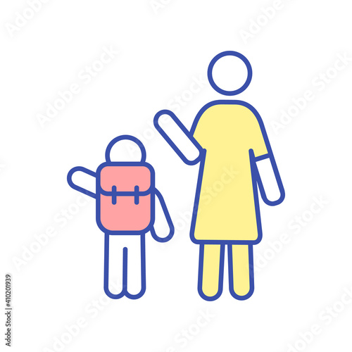 Parent seeing off child to school RGB color icon. Mother send kid with backpack to preschool. Woman waving goodbye tos son. Schoolboy go to classes. Happy family. Isolated vector illustration