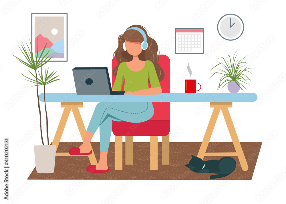 A young woman  is working or studying at home with a laptop and earphones. A flat illustration. Stay at home, Work from home, freelance concepts. 