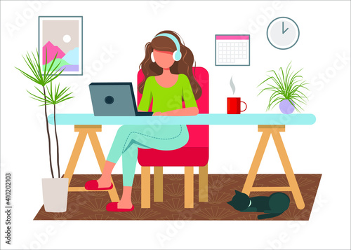 A young woman  is working or studying at home with a laptop and earphones. A flat illustration. Stay at home, Work from home, freelance concepts. Vector.