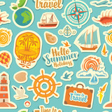 Seamless pattern on the theme of travel and vacation. Repeating vector background with stickers or magnets. Set of sea summer icons on a blue backdrop in retro style