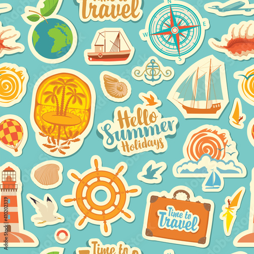 Seamless pattern on the theme of travel and vacation. Repeating vector background with stickers or magnets. Set of sea summer icons on a blue backdrop in retro style