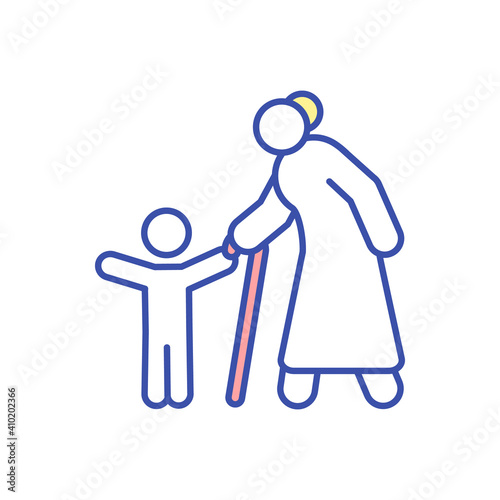 Grandmother with child RGB color icon. Grandparent walking with grandchild. Spend time and bond with family. Happy grandson with granny. Generation gap. Isolated vector illustration
