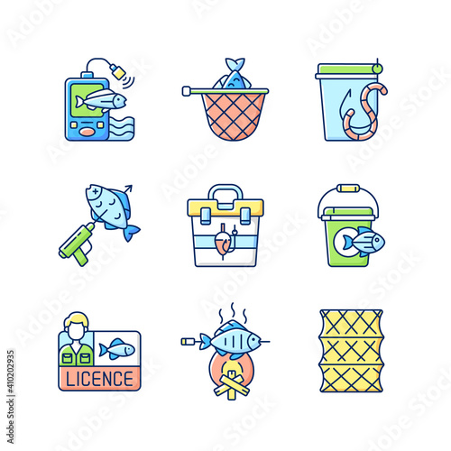 Hobby and leisure activities RGB color icons set. Fishing. cooking freshly caught fish. Spearfishing. Hobby and leisure acticity. Fishing rod and reel. Isolated vector illustrations