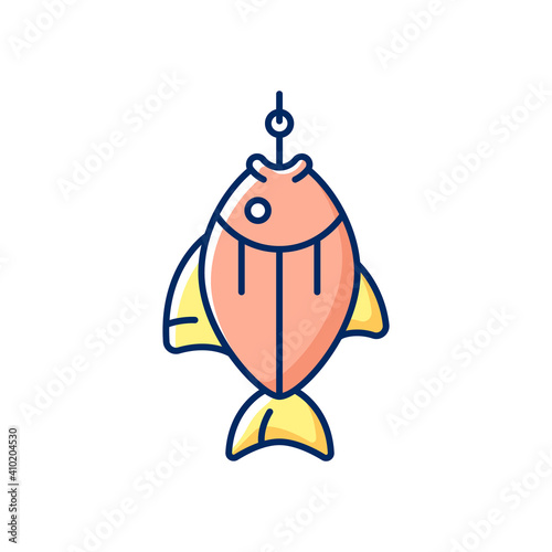 Fish on hook RGB color icon. Fishing tournament. Anglers trophy. Sea food restoration. Hobby and leisure activity. Commercial fishing process. Active rest. Isolated vector illustration
