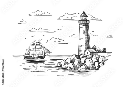 A lighthouse on a rocky shore and a ship on the horizon. Hand drawn sketch. Vintage style. Black and white vector illustration isolated on white background.