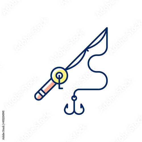 Fishing rod and reel RGB color icon. Basic fishing gear. Carbon matherial. Fishing tournament. Hobby and leisure activity. Tool. Ocean fishing, spinnerbait. Isolated vector illustration
