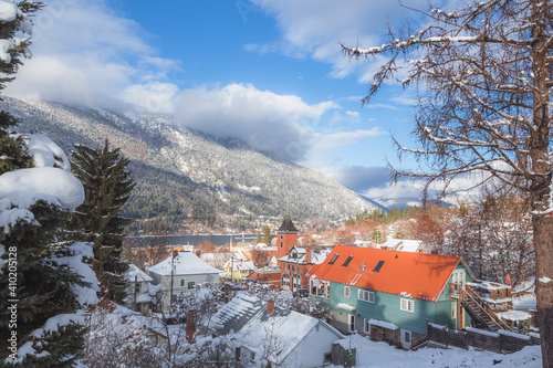 A beautiful winter snow covered neighbourhood view of Nelson, B.C., Canada on a sunny day.