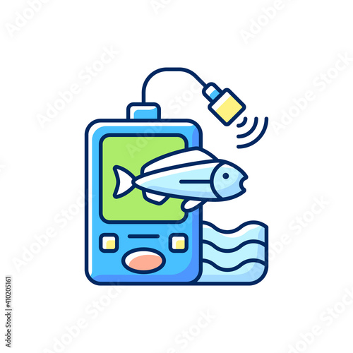 Fish finder RGB color icon. Fishers equipment. Hobby and leisure activity. Way to find fish. Efficient fishing. Basic fishing gear. Hobby and leasure activities. Isolated vector illustration
