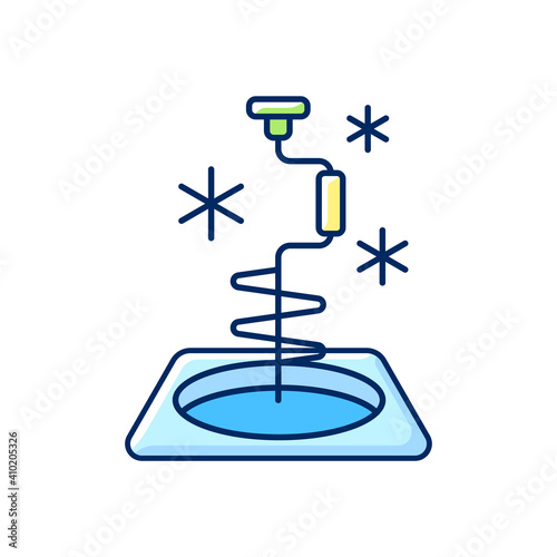 Ice fishing RGB color icon. Drill hole gear. Hobby and leisure activity. Active rest. Fishing tool. Winter fisher tournament. Fishers equipment. Winter sports. Isolated vector illustration