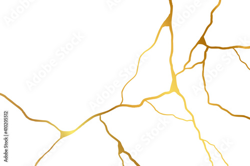 Gold kintsugi design isolated on white backdrop. Golden crackle texture background. Luxury broken marble stone pattern for wedding invitation or card template