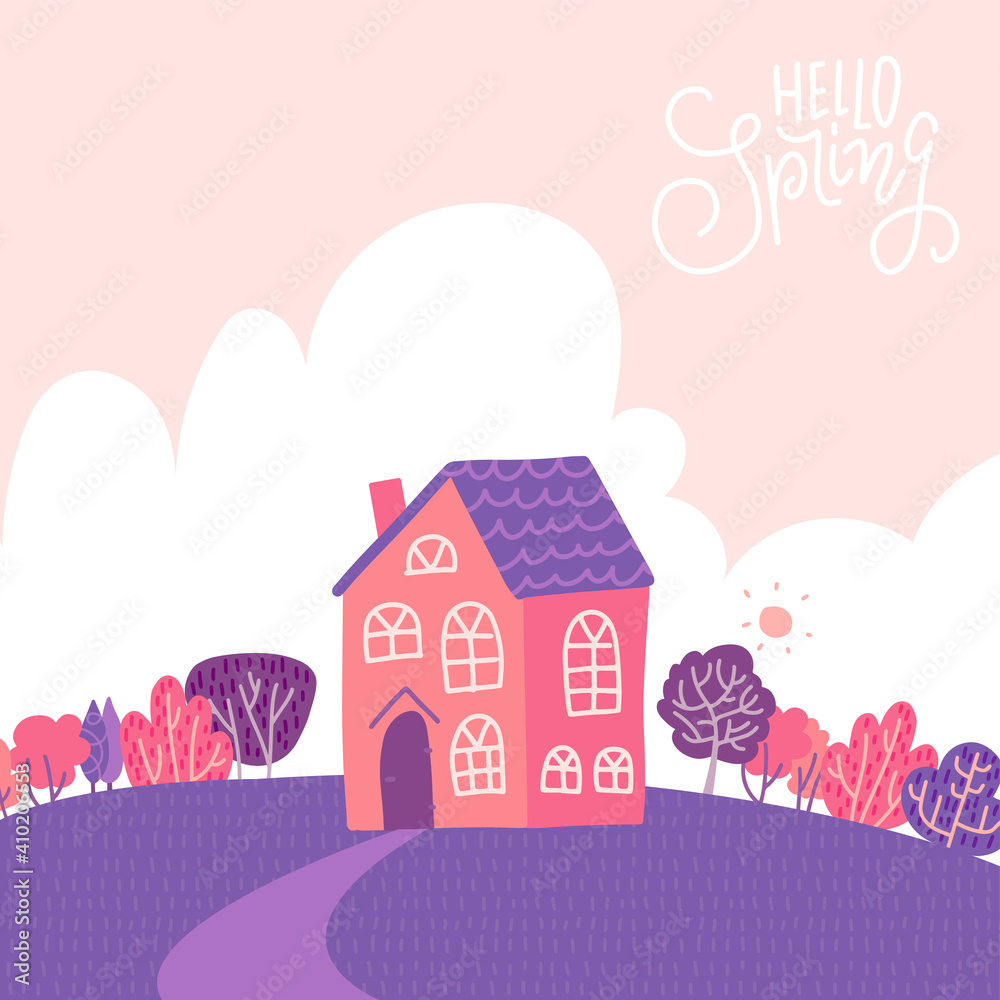 Single family two storey house with Georgian windows standing on hill covered with grass. Country building with trees. Pink sky background with clouds. hetto Spring concept