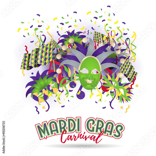 Mardi Gras vector illustration. vector icon elements happy Carnival Mardi Gras celebration. Colorful bright fireworks design masks. Design elements for design posters  flyers  gift cards  booklets