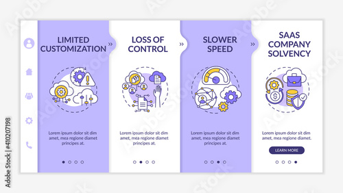 Software as service obstacles onboarding vector template. Control loss. SaaS company solvency. Responsive mobile website with icons. Webpage walkthrough step screens. RGB color concept