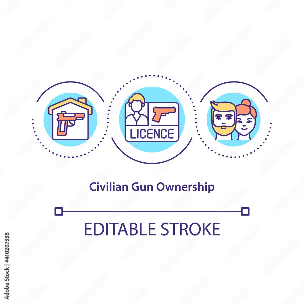 Naklejka premium Civilian gun ownership concept icon. Legal possession of weapons idea thin line illustration. Full protection of a young family. Vector isolated outline RGB color drawing. Editable stroke