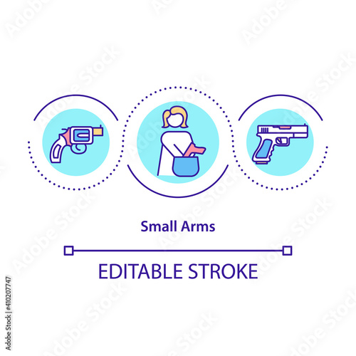 Small arms concept icon. Type of gun designed to be readily carried and used idea thin line illustration. Submachine guns. Vector isolated outline RGB color drawing. Editable stroke
