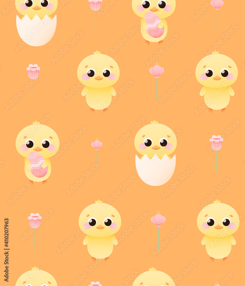 Fototapeta premium Spring animal seamless pattern with cute chicks, happy easter concept, flower elements for textile or wrapping paper on orange background in cartoon style