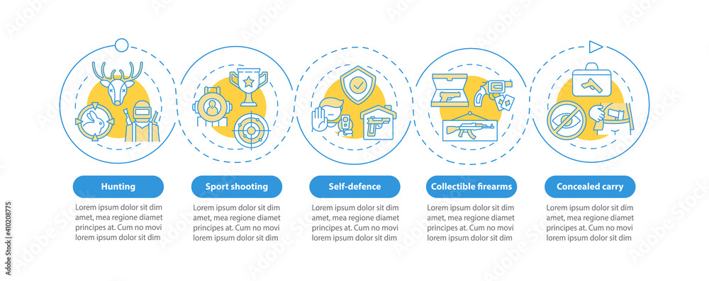 Fototapeta premium Sport shooting vector infographic template. Gun for self defense presentation design elements. Data visualization with 5 steps. Process timeline chart. Workflow layout with linear icons