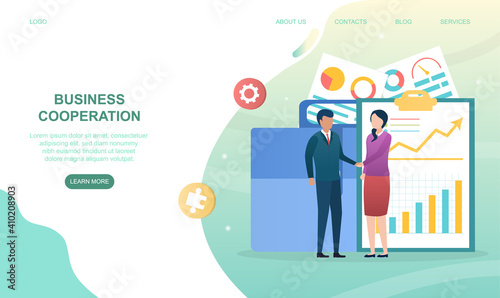 Male and female characters are shaking hands at work. Office workers making agreement. Concept of business cooperation deal. Website  web page  landing page template. Flat cartoon vector illustration