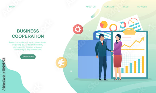 Male and female characters are shaking hands at work. Office workers making agreement. Concept of business cooperation deal. Website, web page, landing page template. Flat cartoon vector illustration