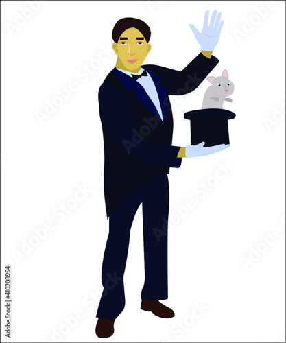 An illusionist in a suit with a cylinder hat and a hare.