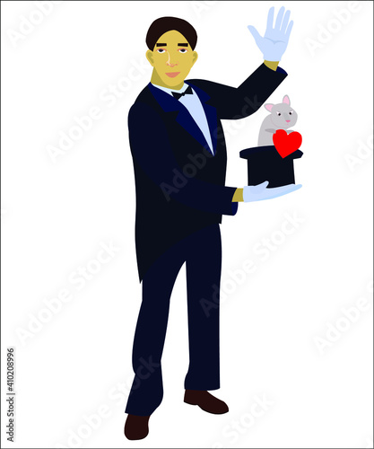 An illusionist in a suit with a cylinder hat and a hare with a heart.