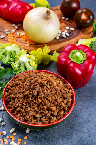 Vegetarian plant based imitation minced meat ready to eat