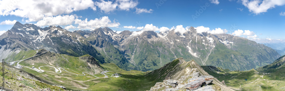 Panoramic view of serpentine high alpine road on Grossglockner mounain from Edelweissspitze in Austria