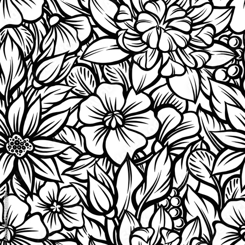 Abstract graphic seamless pattern of stylized flowers and plants. 