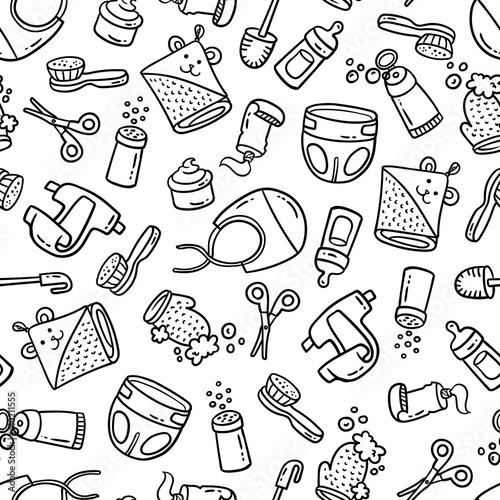 Vector seamless pattern on the theme hygiene, goods for children, childhood, baby, health. Cartoon, hand drawn doodles background on white color