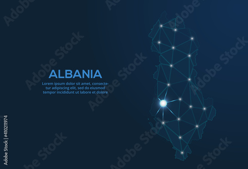 Albania communication network map. Vector low poly image of a global map with lights in the form of cities. Map in the form of a constellation, mute and stars.